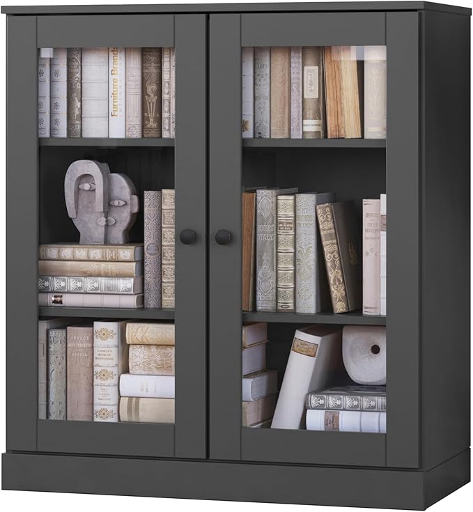 Palace Imports Solid Wood Bookcase - Floor Standing Bookshelf - 32” W - Display Furniture, Renewable 100% Eco-Friendly Wood, Made in Brazil (Gray, Clear Glass Doors | 3-Shelf Short Bookcase)
