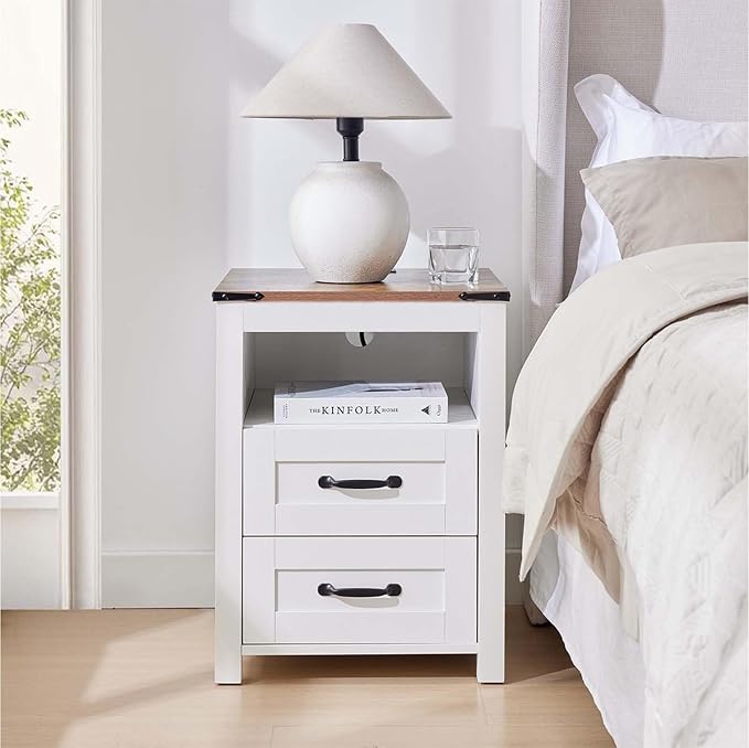 Farmhouse Night Stand, Rustic White Nightstand for Bedroom, End Tables with Charging Station, Bedside Table with Drawers, Wood Bedside Cabinet Dresser