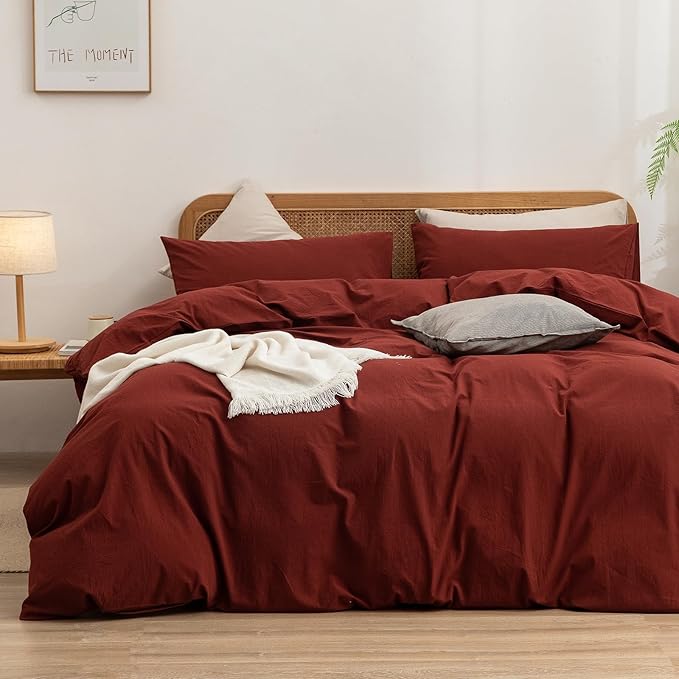 BESTOUCH Duvet Cover Set 100% Washed Cotton Linen Feel Super Soft Comfortable Chic Lightweight 3 PCs Home Bedding Set Solid Fired Brick Red Cal King