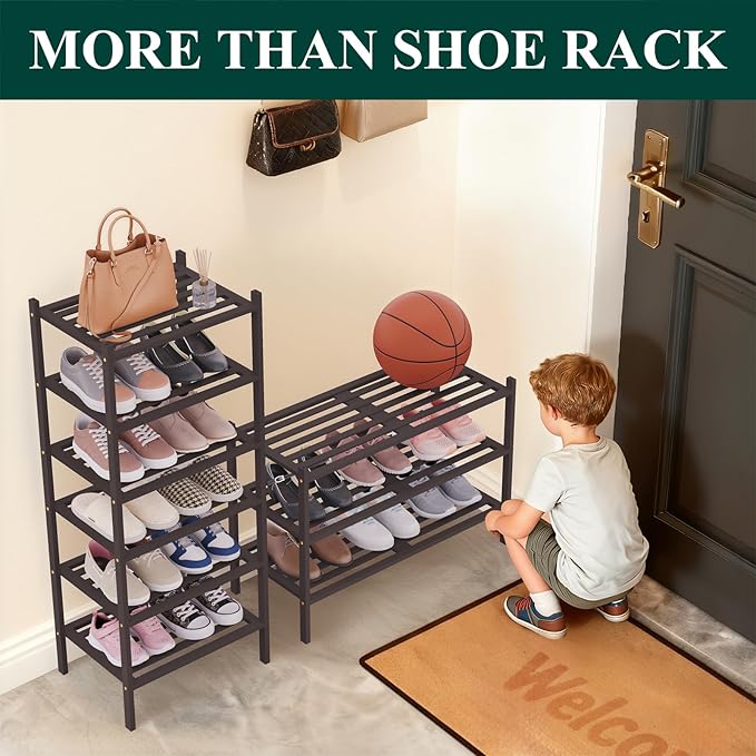 Smiry Small Bamboo Shoe Rack 4-Tier, Stackable Wooden Shoe Organizer for Entryway & Closet, Free Standing Wood Shoe Storage Shelf for Front Door & Small Spaces, Brown