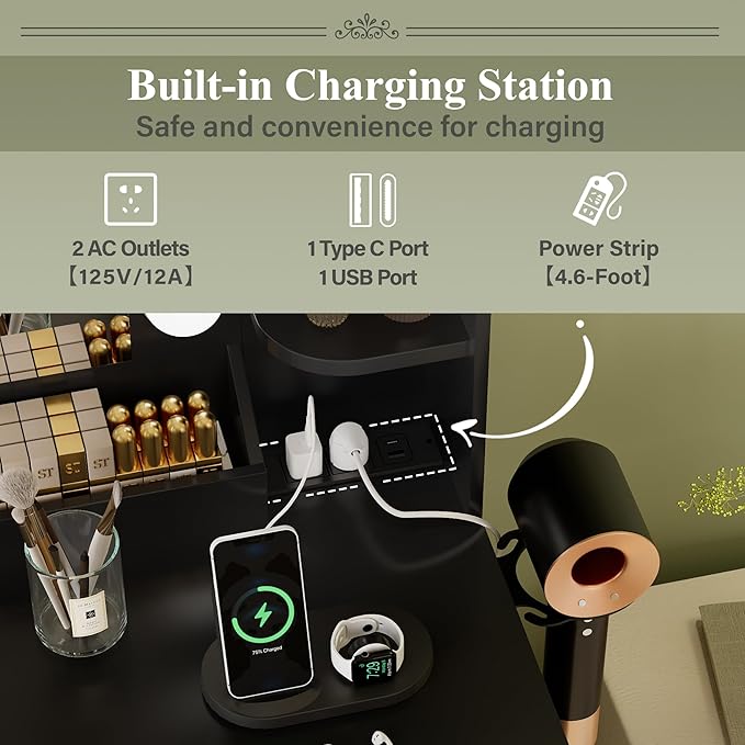 JUMMICO Makeup Vanity Desk with Large Mirror and Lights, Vanity with Power Strip and Hairdryer Holder, 6 Open Shelves and 7 Drawers Modern Dressing Table, for Bedroom (Black)