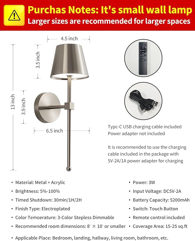 KDG Cordless Wall Sconces Set of 2, Wireless 5200mAh Rechargeable Battery LED Wall Lamps, Wall Lightings for Wall Painting, Outdoor, Garden, Bedside, Hallway, Gifts, Night Light (Brushed Nickel)
