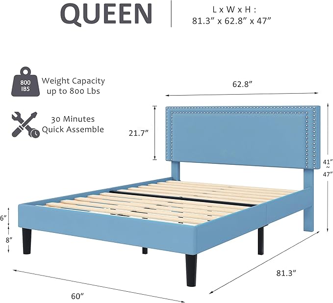 VECELO Queen Size Bed Frame with Adjustable Upholstered Headboard, Wooden Slats Platform, Noise-Free Design, Easy Assembly