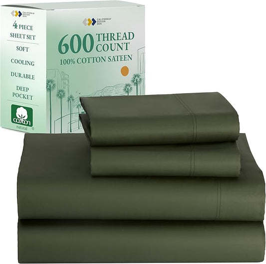 California Design Den King Deep Pocket Sheets Set - Luxury 600 Thread Count 100% Cotton Sheets King Size, Sateen, Hotel-Quality, Better Than Egyptian Cotton Sheets - Olive Green