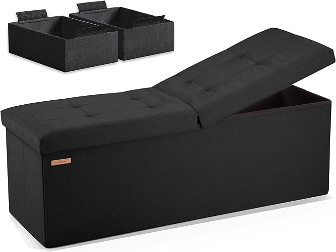 HAUSFRAU 43.3 Inches Ottoman with Storage Bench, Folding Ottoman Bench Foot Rest Stool, Bedroom Bench with Flipping Lid, Linen Black