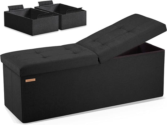 HAUSFRAU 43.3 Inches Ottoman with Storage Bench, Folding Ottoman Bench Foot Rest Stool, Bedroom Bench with Flipping Lid, Linen Black