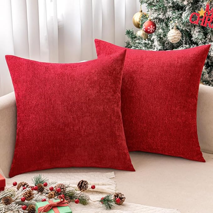 MIULEE Pack of 2 Red Decorative Pillow Covers 22x22 Inch Soft Chenille Couch Throw Pillows Farmhouse Cushion Covers for Home Decor Sofa Bedroom Living Room