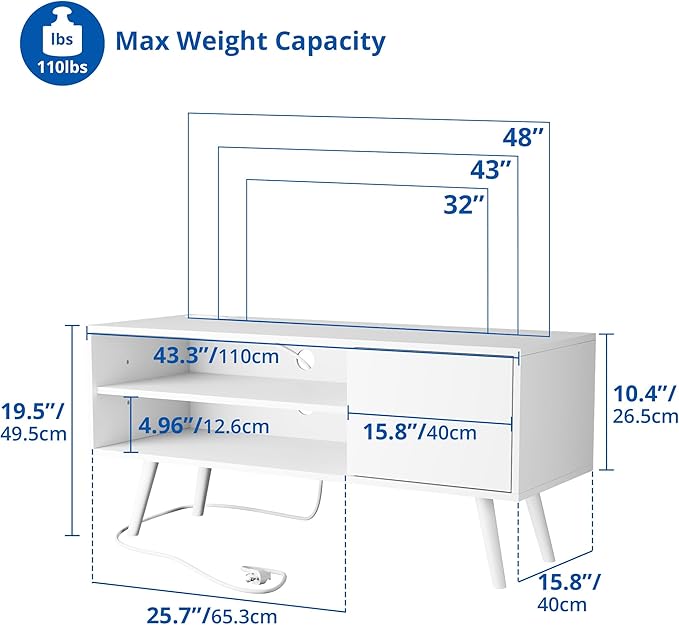 Cozy Castle TV Stand for 48 Inch TV, Mid Century Modern Entertainment Center with Storage Cabinet, TV Media Console with Charging Station for Living Room, Bedroom, White