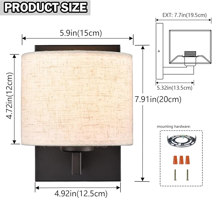 SAMTEEN Farmhouse Black Wall Sconces Set of Two Modern Fabric Shade Sconces Wall Lighting Black Wall Lamp with Drum Shade for Bedroom Bedside Living Room (Beige Shade)