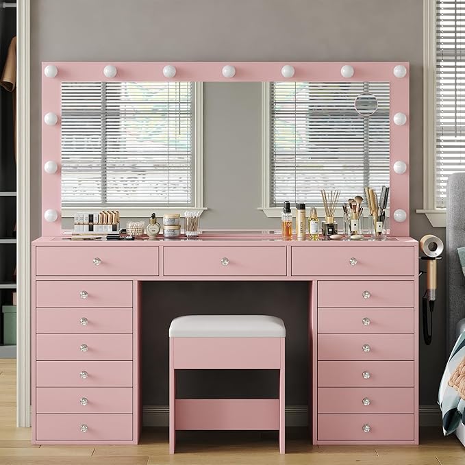55" W Vanity Desk, Makeup Vanity with Charging Station, 15 Drawers with Lighted Mirror, 3 Lighting Modes, Brightness Adjustable, Glass Top, Vanity Table with Chair for Bedroom, Pink