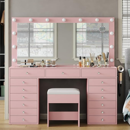 55" W Vanity Desk, Makeup Vanity with Charging Station, 15 Drawers with Lighted Mirror, 3 Lighting Modes, Brightness Adjustable, Glass Top, Vanity Table with Chair for Bedroom, Pink