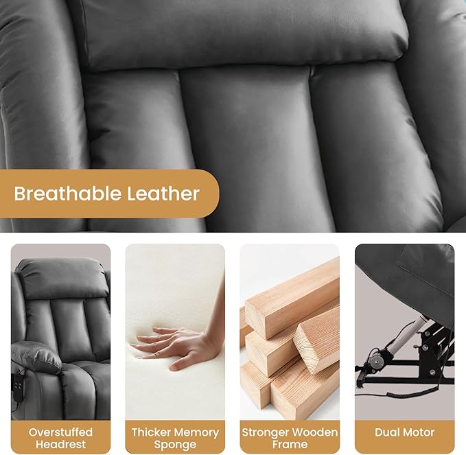 TEKAMON Power Lift Recliner Chair for Elderly with Heat & Massage, Dual Motor Breathable Leather Recliner, Lay Flat Sleeping Chairs with Infinite Position, RemoteControl & USB Ports(Silver Grey)