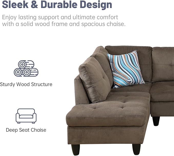 L-Shape 3-Piece Cloud Sofa, Couch for Living Room, Brown Pineapple Velvet Fabric L-Shape with Reversible Chaise & Storage Ottoman, Ergonomic 110–115° Recline, Solid-Wood Frame