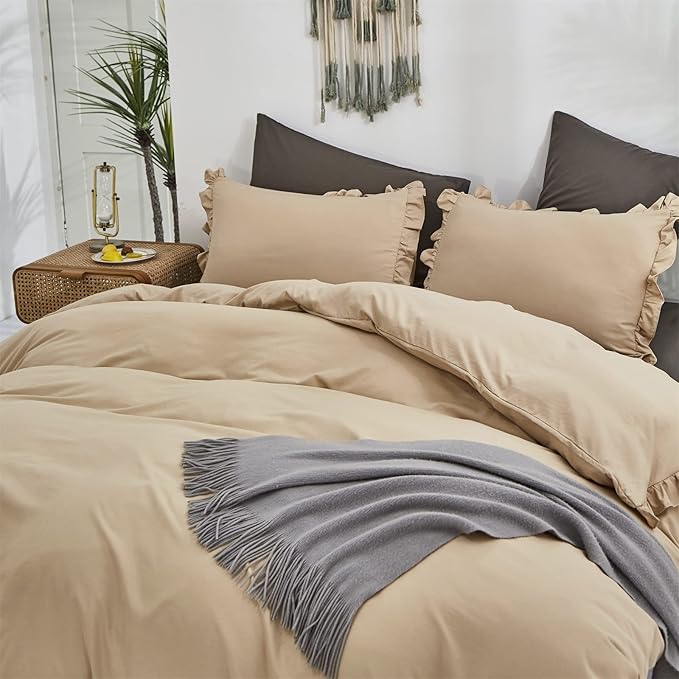CLOTHKNOW Queen Comforter Set Taupe Ruffles Farmhouse Bedding Comforter Sets Soft Tan Comforter Khaki Comforter with 2 x Pillow Cases