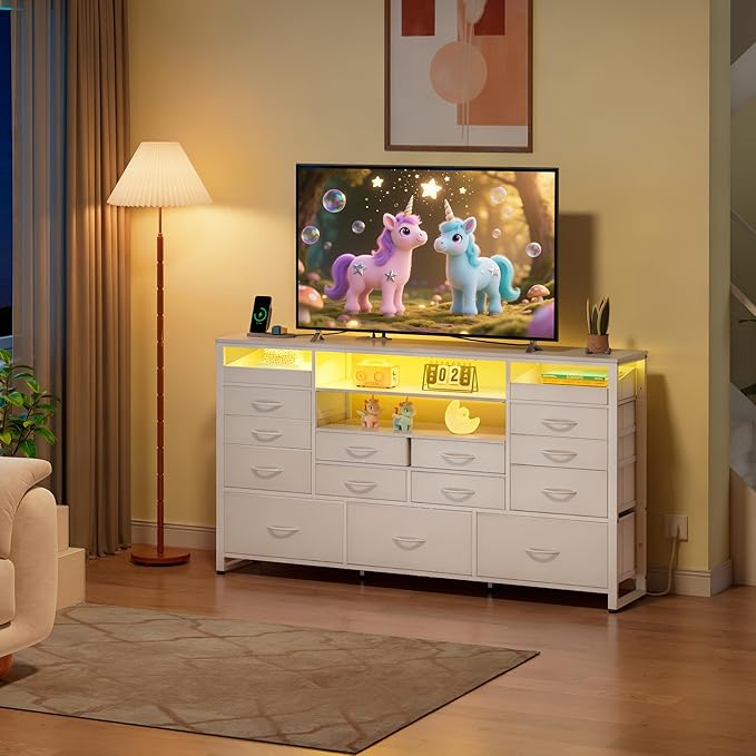 WLIVE White TV Stand for 55, 60, 65 inch TV, Entertainment Center with LED Lights & Charging Station, TV Media Console Table with 15 Fabric Drawers and Open Shelves for Living Room, Hallway, Wood Top