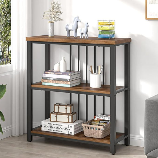 FOLUBAN Bookshelf, Small Modern 3 Tier Bookcase, Wood and Metal Standing Storage Book Shelves for Living Room, Office, Bedroom (Rustic Walnut)