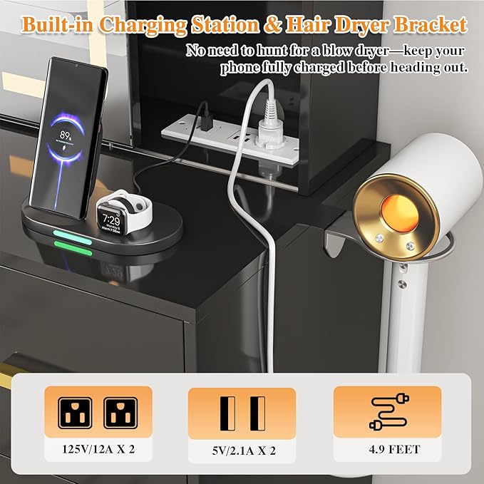 47'' W Large Vanity Desk with Mirror and Lights, 8 Storage Shelves 7 Drawers Vanity Table, Big Makeup Vanity Desk with 3 Lighting Modes, Vanity Dresser with Charging Station, Sliding Mirror (Black)