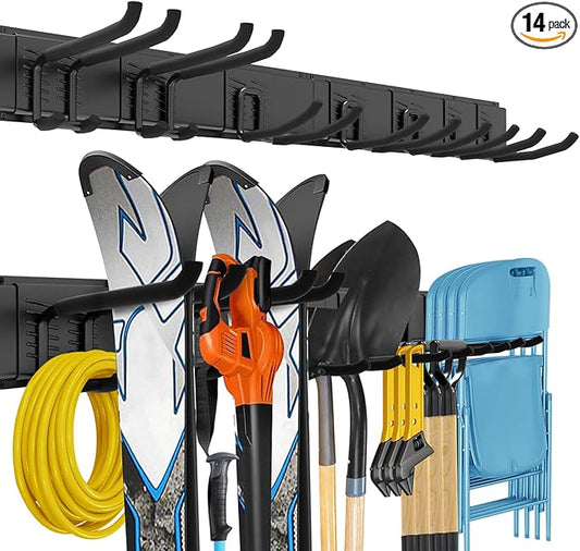 Garage Tool Organizer Wall Mount, 64 Inches Garden Tool Organizer with Adjustable Hooks, Metal Garage Storage Rack Max Loading 620lbs, Tool Holder for Hanging Rake Broom Mop Snowboard