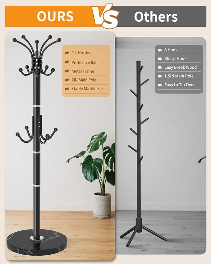 EZIVIEZ Modern Coat Rack Stand, Metal Freestanding Coat Rack with Natural Marble Base, Coat Racks with Umbrella Holder,Coat Hanger Stand with 12 Hooks for Office, Entryway (Black-360° Rotary 14 Hooks)