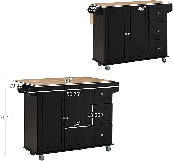 HOMCOM Mobile Kitchen Island with Drop Leaf, Storage Trolley Cart on Wheels, Towel/Spice Rack, 3 Drawers, 2-Door Cabinet, Black