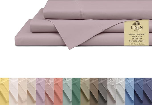 Linen Home 100% Cotton Percale Sheets Twin Size,Mauve Lavender, Deep Pocket, 3 Pieces Set - 1 Flat, 1 Deep Pocket Fitted Sheet and 1 Pillowcase, Crisp Cool and Strong Bed Linen