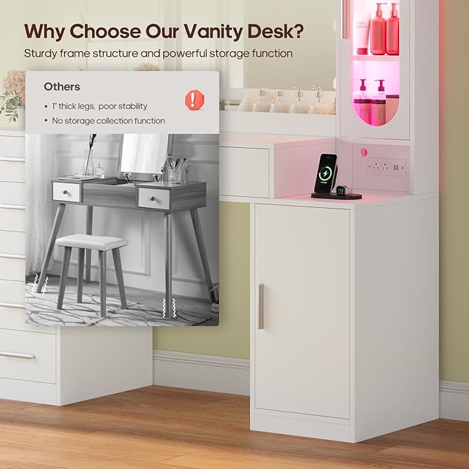 Makeup Vanity Desk with Large 31.5" Mirror and Lights, 46.1" Vanity with RGB Lights & Charging Station, Vanity Table with 6 Drawers & Cabinet & Shelves, White
