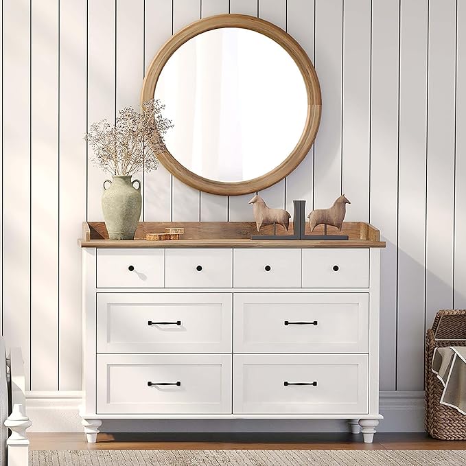 WAMPAT 6 Drawers Dresser for Bedroom, Mid Century Chest of Drawers Distressed Kids Dresser, Wooden Storage Dressers Organizer Cabinet for Living Room, Off White, 47 Inch