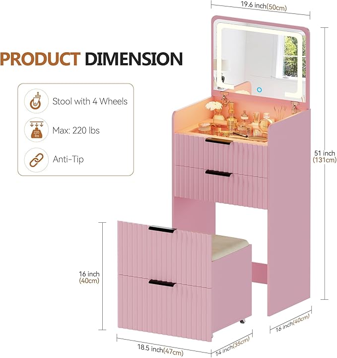 LED Fluted Compact Vanity Desk with Flip Top Mirror, 3 in 1 Small Makeup Table with Glass Desktop, Storage Compartment and Cushioned Stool with Wheels,3 Drawers, for Girl Bedroom Pink