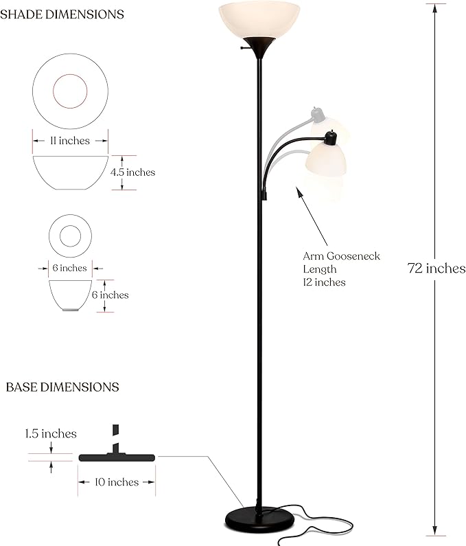 Brightech Sky Dome Plus LED Floor lamp, Torchiere Super Bright Floor Lamp with Reading Lamp for Living Rooms & Offices - Dimmable Tall Standing Lamp for Bedroom Reading - Black