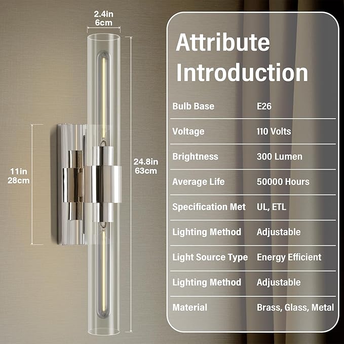 Wall Light Fixtures,Industrial Wall Sconces Clear Glass Wall Mount Sconce, Chrome Nickel Bathroom Vanity Light, Wall Lamp for Living Room Bedroom Hallway(Bulb Included)