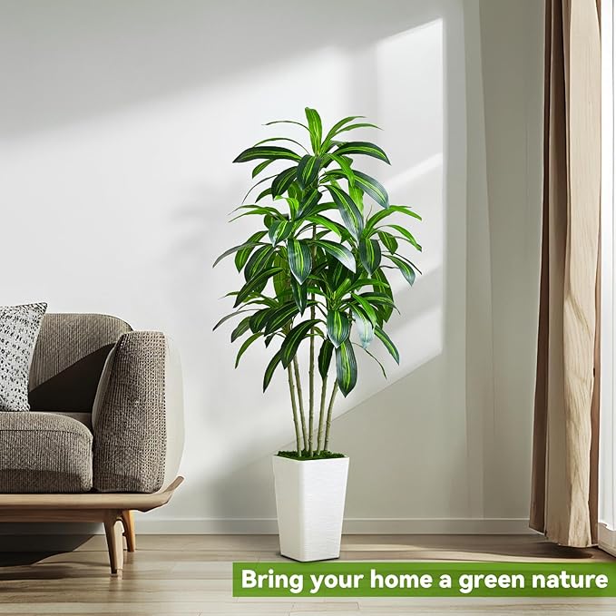 Artificial Dracaena Tree-6FT Tall Fake Plants with White Tall Planter-Artificial Plants Indoor Floor Plant in Pot-Large Tropical Fake Yucca Potted Tree for Home Office Living Room Decor