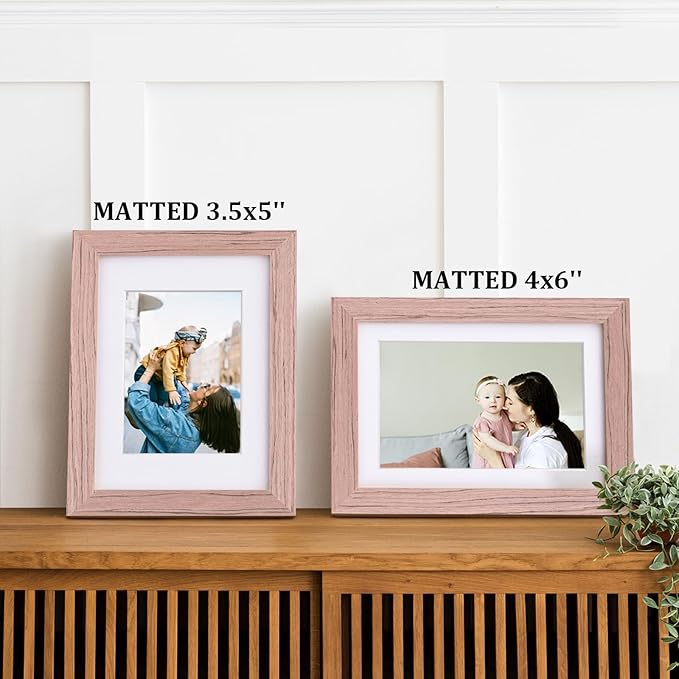 Egofine 5x7 Picture Frame Made of Solid Wood,Covered by Plexiglass Display Pictures 3.5x5/4x6 with Mat or 5x7 Without Mat for Table Top Display and Wall Mounting Photo Frame, Peach Pink