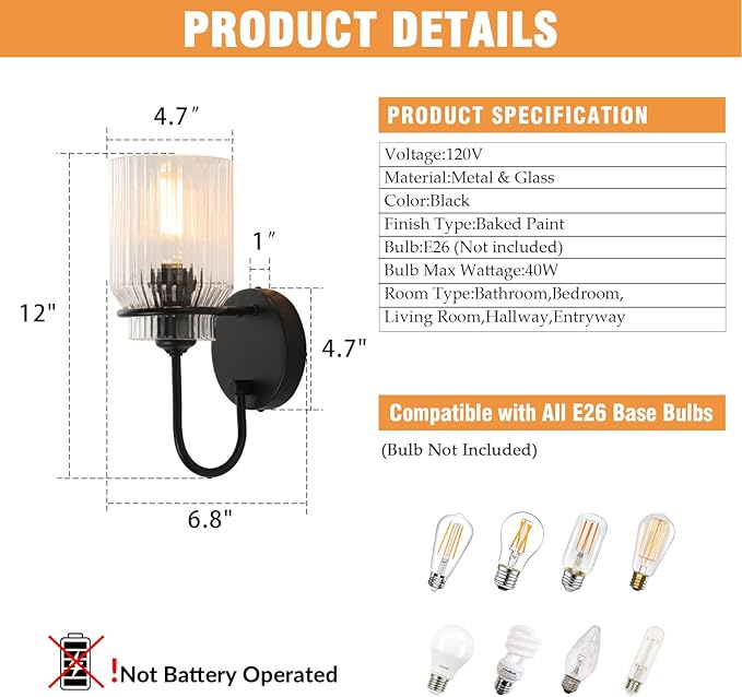 Modern Farmhouse Wall Sconces Set of 2, Black Bathroom Sconces with Clear Glass Shade, Vanity Lights for Bedroom Living Room Bathroom Hallway Stairwell