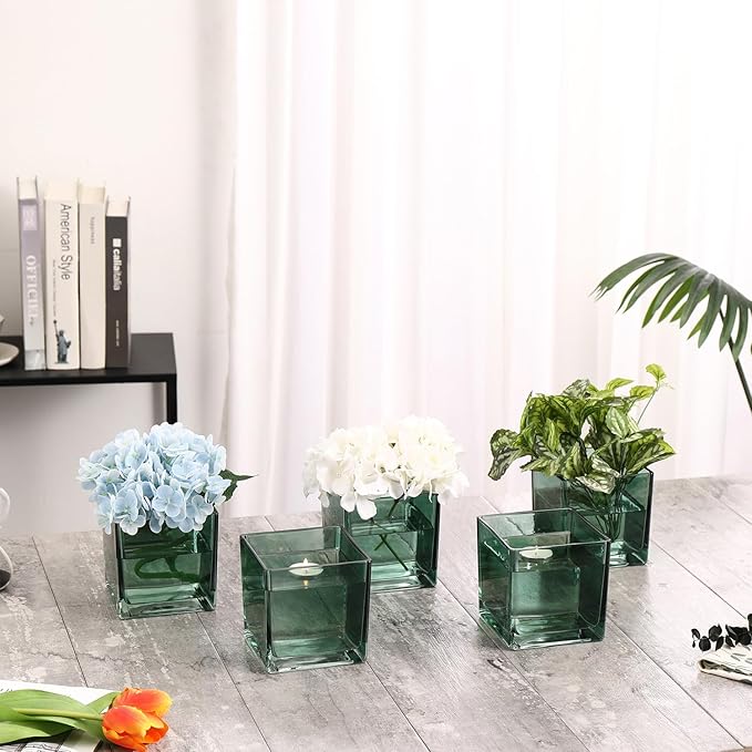 MARTAGE Square Glass Vases Set of 4, 5" x 5" x 5" Green Flower Vases for Centerpieces, Square Vase for Flowers, Small Vase for Wedding, Party, Home Office Decoration