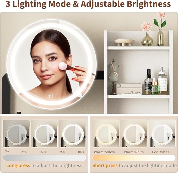 Small Vanity Desk with Mirror and Lights, Makeup Vanity Table with LED Mirror, 3 Lighting Modes, Power Outlet, Drawer, Open Shelves and Cushioned Stool for Bedroom (Black)