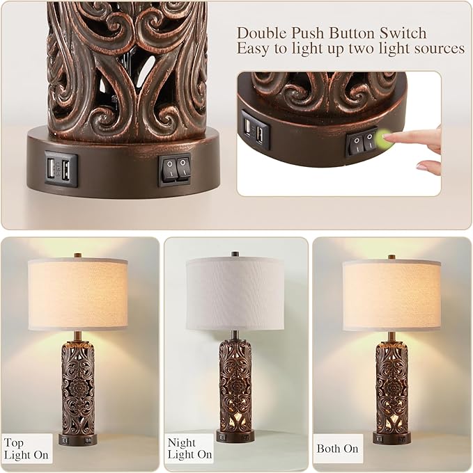 Farmhouse Table Lamps Set of 2, Vintage Lamp for Living Room and 2 USB Ports Bedside Lamp with Nightlight for Bedroom, Dark Brown Hollow Out Resin Nightstand Lamp, 2 Bulbs Included