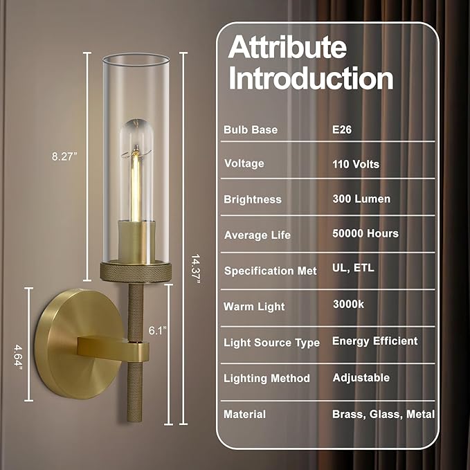Brass Wall Sconces Lights Indoors, 14" Knurled Linear Sconce, Gold Bathroom Wall Sconces, Glass Tube Vanity Sconces Wall Lighting, Wall Lights for Mirror, Living Room, Bedroom, Hallway