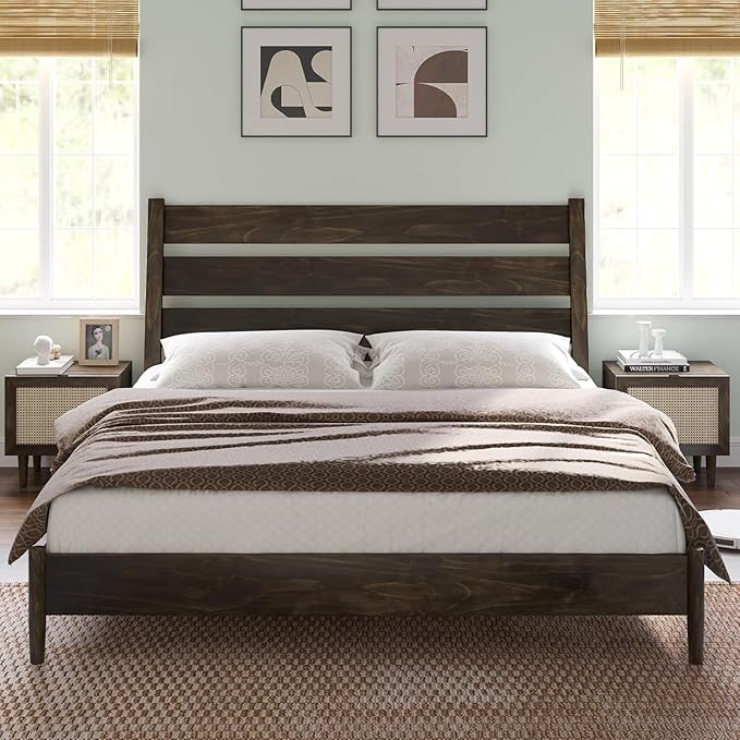 AMERLIFE King Size Mid Century Solid Wood Bed Frame, Platform Beds with Reclining Slatted Headboard, Wood Slat Support/No Box Spring Needed/Noise Free, Dark Brown