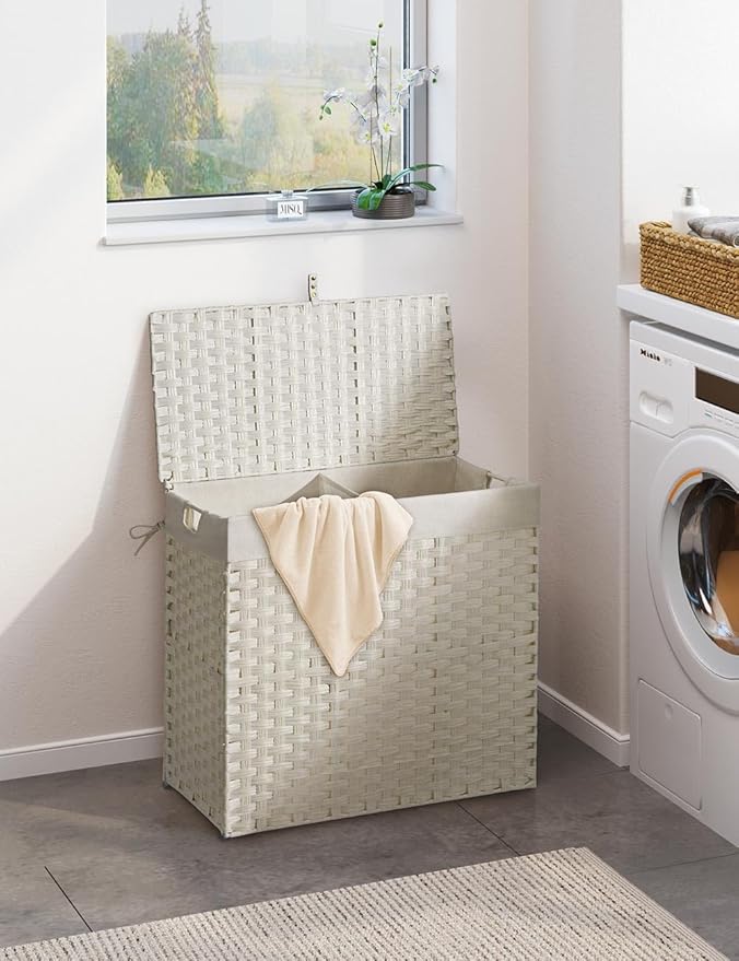 Greenstell Laundry Hamper with lid, No Install Needed, 130L Wicker Laundry Baskets Foldable 2 Removable Liner Bags, 2 Section Clothes Hamper Handwoven Rattan Laundry Basket with Handles, White