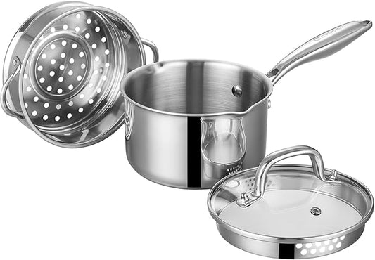 Tri-Ply Stainless Steel Sauce Pan with Steamer Basket & Straining Glass Lid — Heavy-Duty,Thick Base,Rust-Resistant,Warp-Free —100% Food-Grade —Built to Last– Works with All Stovetops, Pasta Pot 3.5 QT