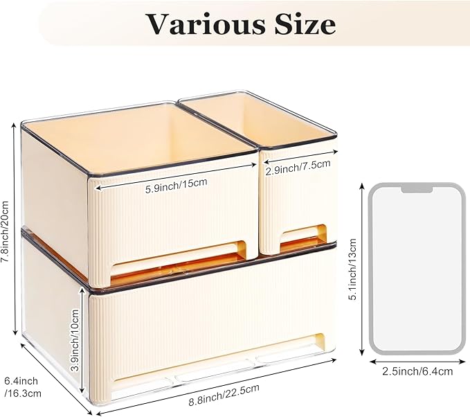 Stackable Makeup Organizer, 3 Pack Plastic Drawer Storage with Handle for Vanity Bathroom Countertop, Cream