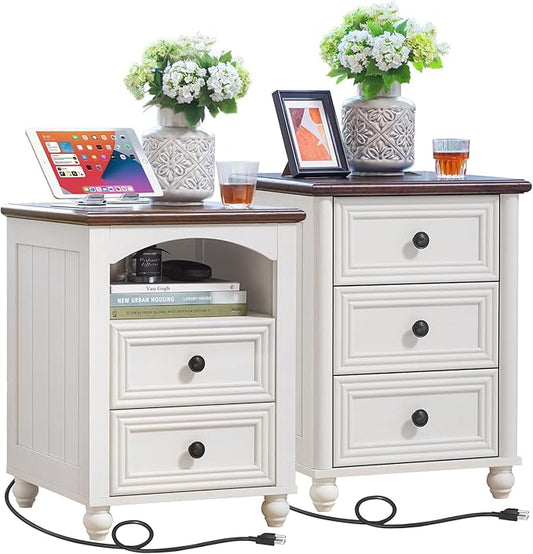 18" Farmhouse Night Stand Set 2 with Charger Station, White 2 & 3 Drawers Wood Nightstand, Bedside End Table with Storage and Roman Column, Bed Side Tables Cabinet for Bedroom, Living Room, and Closet