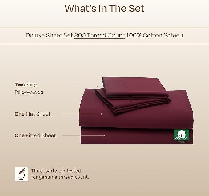 California Design Den Natural 100% Cotton Sheets King Size Deep Pocket Set - Luxury Hotel 800 Thread Count Sateen, King Size Sheets Set, Anti-Skid Elastic for a Snug Fit, Cool and Durable - Red Wine