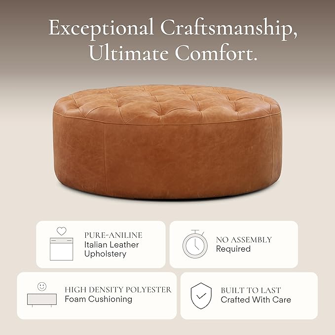 Poly & Bark Ascot Ottoman – 40" Round Pouf with Feather-Down Topper – Full-Grain Leather Upholstered Pouf Ottoman for Living Room – Vintage Italian Leather in Cognac Tan