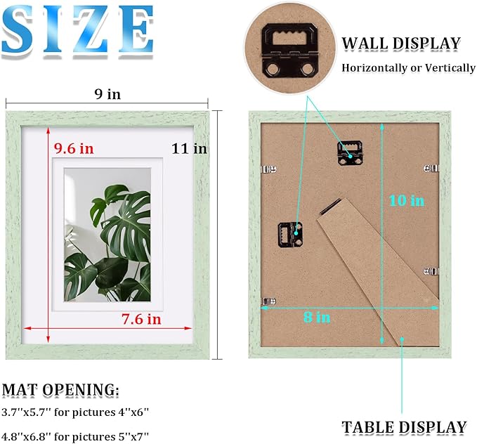 Egofine 8x10 Picture Frame Made of Solid Wood Covered by Plexiglass, Display Pictures 4x6/5x7 with Mat or 8x10 Without Mat for Table Top Display and Wall Mounting Photo Frame, Rustic Green