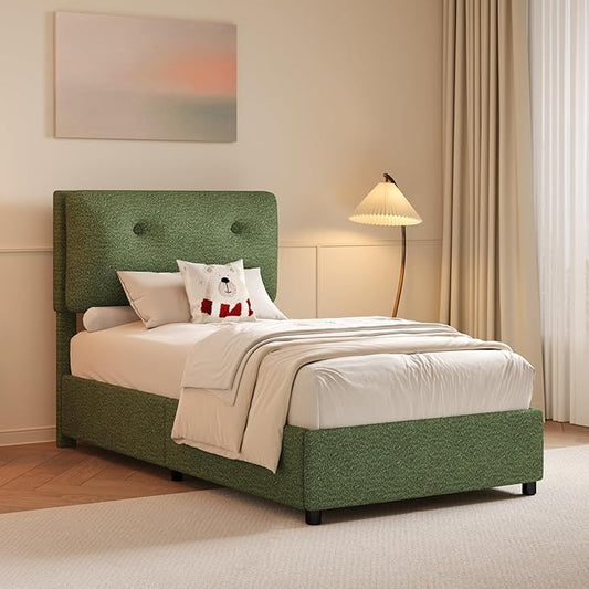 Twin Bed Frames,Breathable Boucle Fabric Upholstered Bed Frame Twin with Headboard,Removable and Washable,Wood Slat Support,No Box Spring Needed,Easy Assembly,Cama Individual,Green
