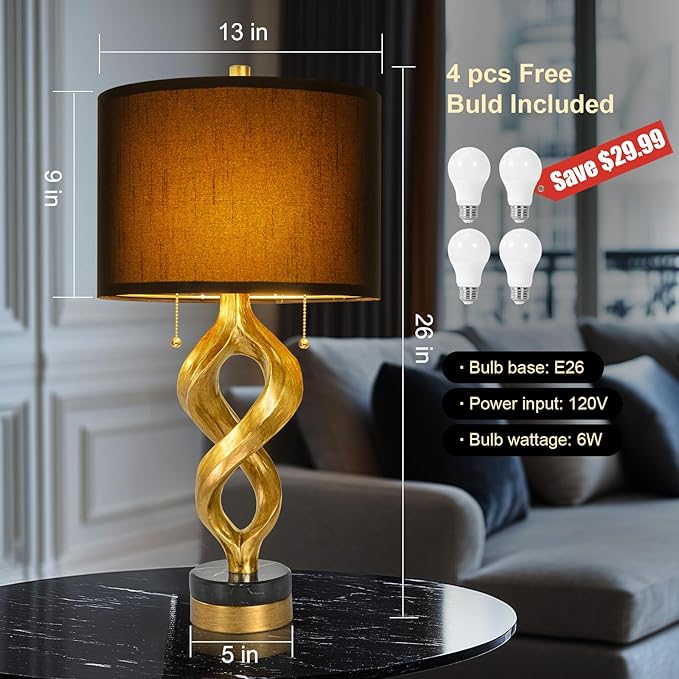 Sculptural Table Lamp Set of 2 for Bedroom, 26” Gold Leaf Farmhouse Bedside Lamps for Living Room, Pull Chains Switch Rustic Nightstand Lamp Marble Base with USB for Home Room Decor (Bulbs Included)