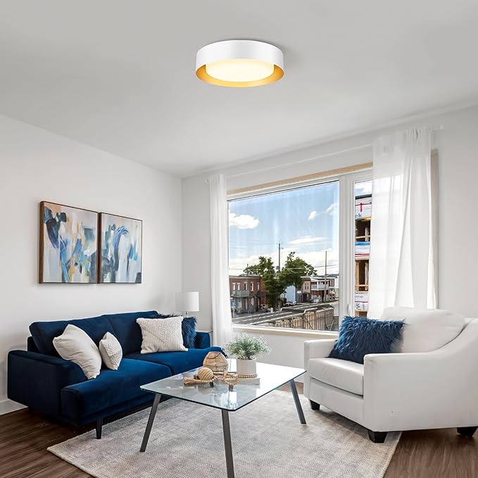 Vikaey Modern Mid Century Flush Mount Ceiling Light, 3-Light Minimalist Round Light Fixture, White Drum Ceiling Lamp with Glass Lampshade for Bedroom, Living Room, Kitchen, 16.5in