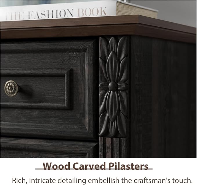 BLANKSPACE Black Dresser for Bedroom, Farmhouse 7 Chest of Drawers, Carved Design Cabinet Organizer with Brown Top