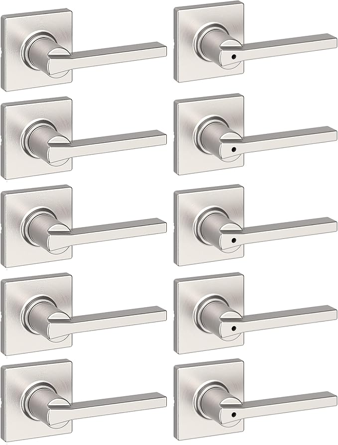 Kwikset Casey Hallway Passage and Bed/Bath Privacy Door Handle 10 Pack, 5 Passage Levers and 5 Privacy Levers, Satin Nickel Reversible Interior Handles with Mircoban Protection